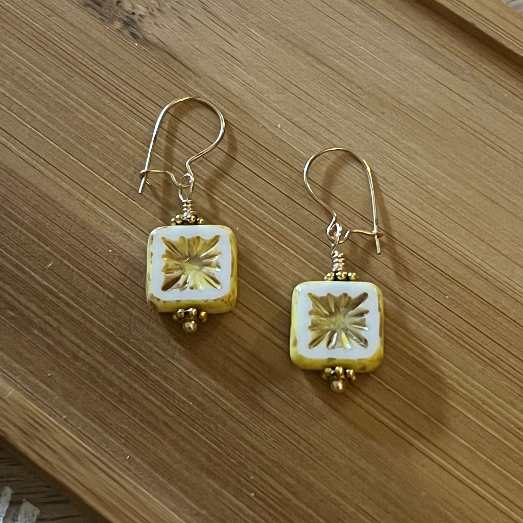 New Opaque Cream Czech Glass Flower Window Square With Gold Wash Earrings